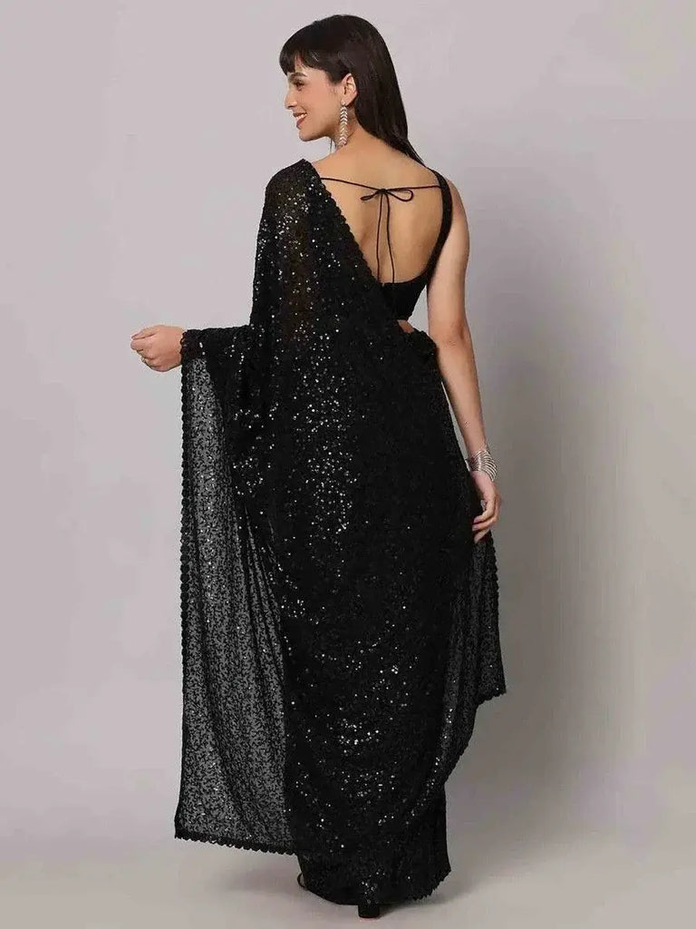 Charming Black Sequins Georgette Reception Wear Saree With Blouse