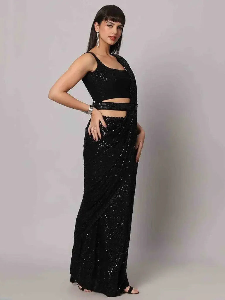Charming Black Sequins Georgette Reception Wear Saree With Blouse