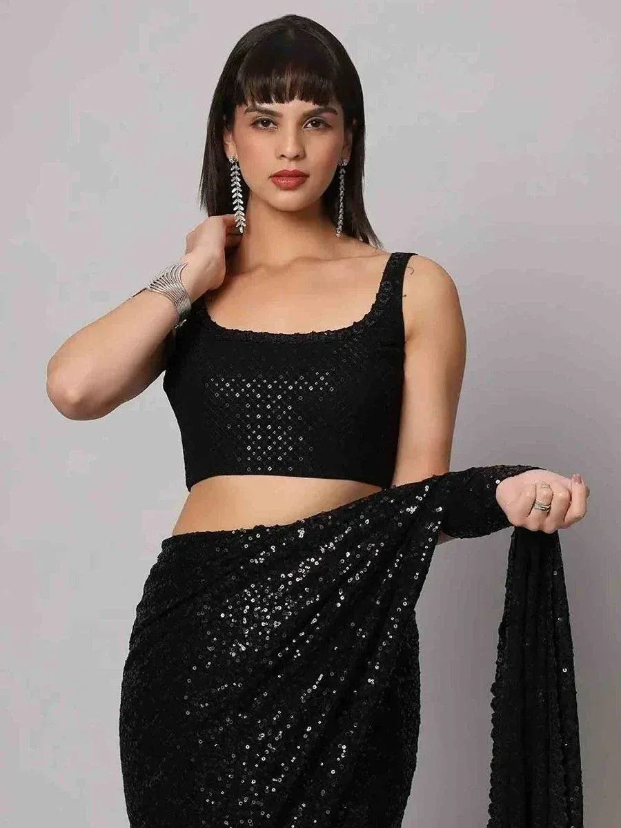 Black sequin saree with matching crop top, elegant ethnic wear for women