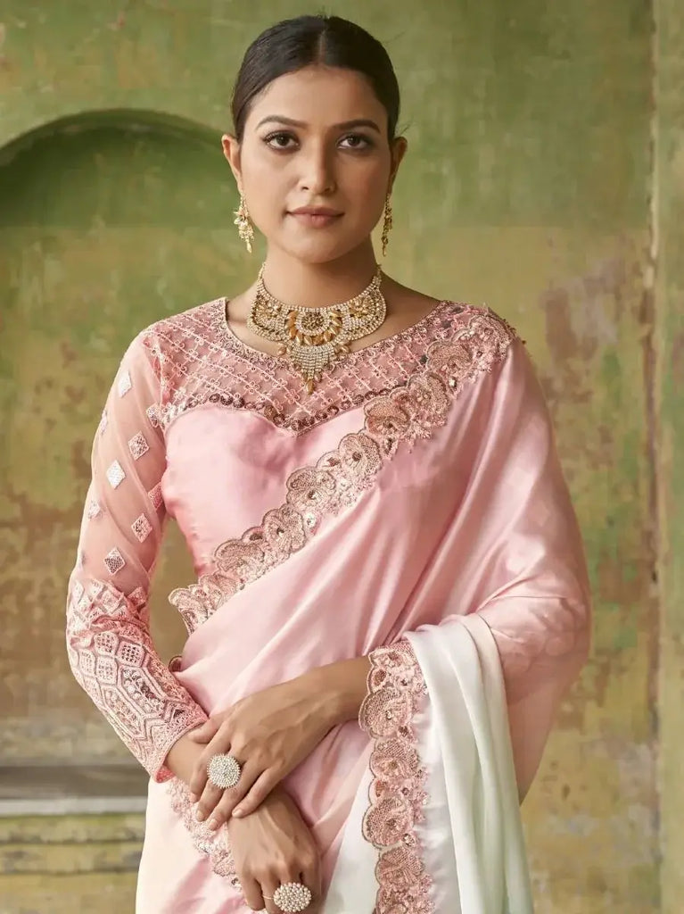 Dazzling Pink White Sequined Satin Party Wear Saree With Blouse