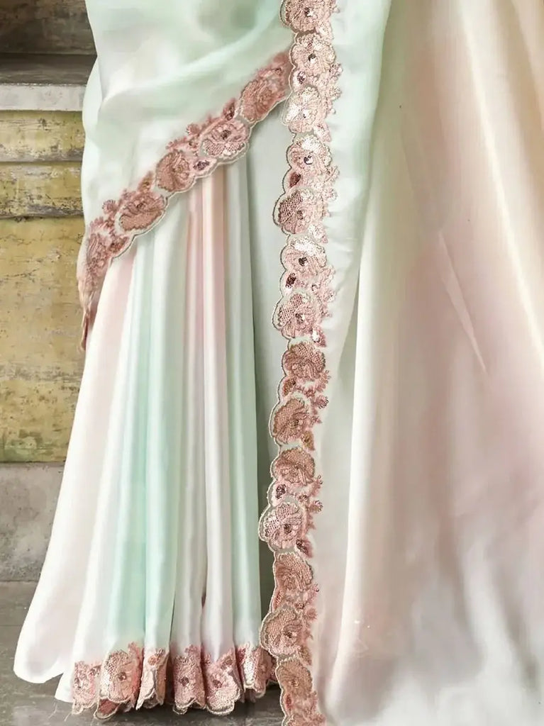 Dazzling Pink White Sequined Satin Party Wear Saree With Blouse