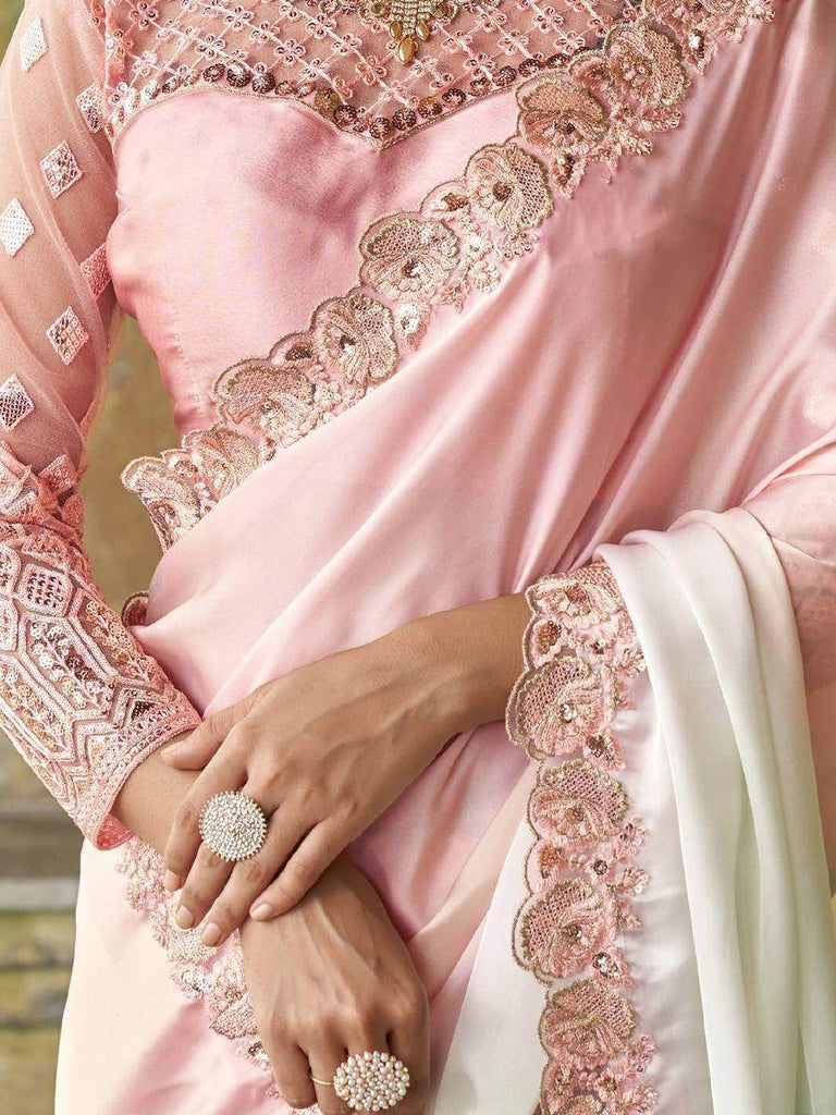 Dazzling Pink White Sequined Satin Party Wear Saree With Blouse
