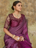 Sensational Wine Sequined Embroidered Satin Party Wear Saree With Blouse
