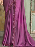 Sensational Wine Sequined Embroidered Satin Party Wear Saree With Blouse