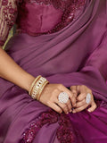Sensational Wine Sequined Embroidered Satin Party Wear Saree With Blouse