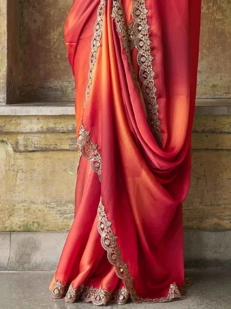 Gorgeous Red Orange Sequined Satin Festival Wear Saree With Blouse