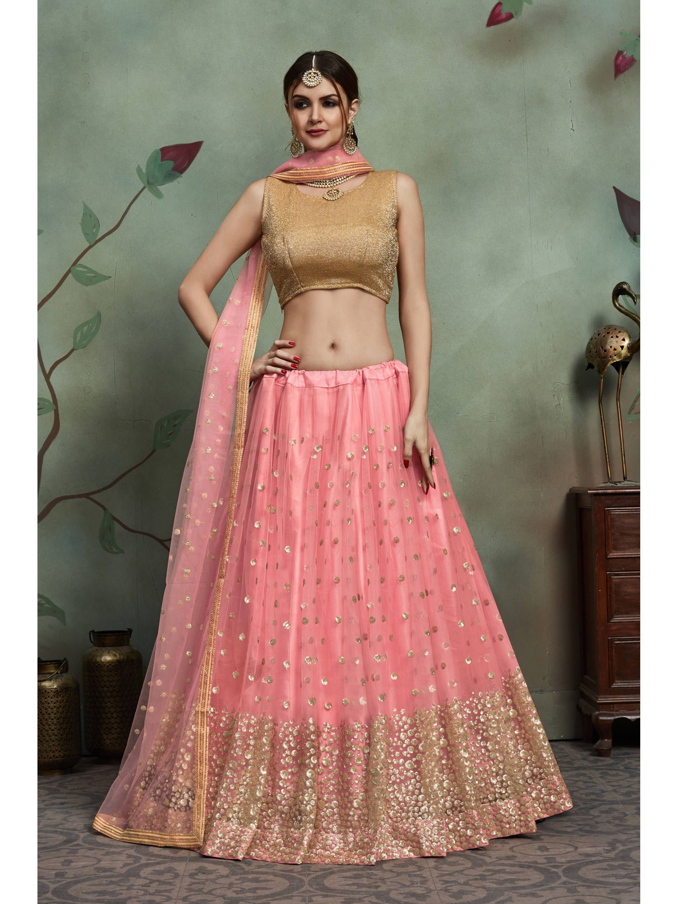 Baby Pink Sequins Net Bridal Lehenga Choli (Default)