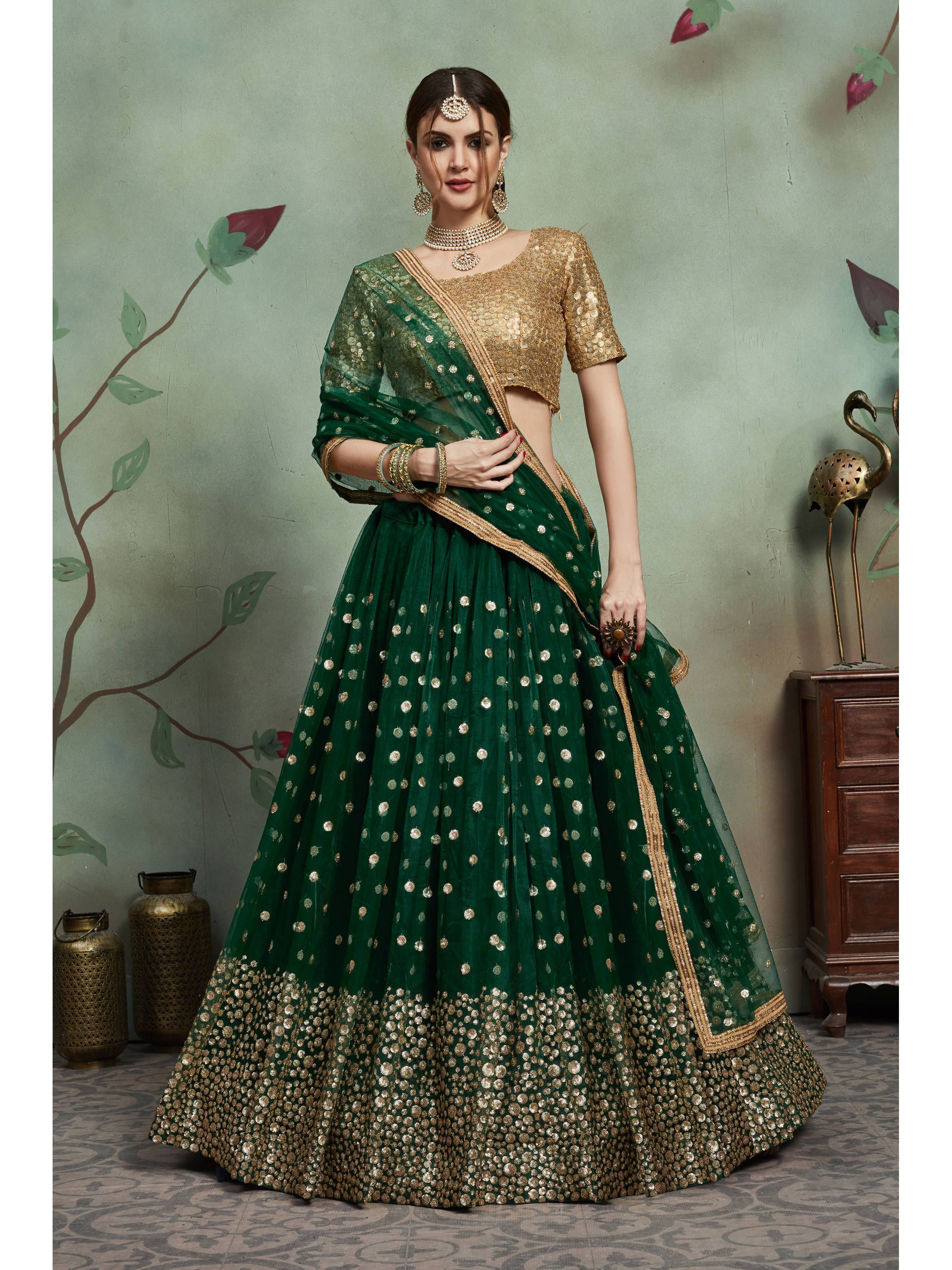 Dark Green Sequins Net Bridal Lehenga Choli With Dupatta (Default)