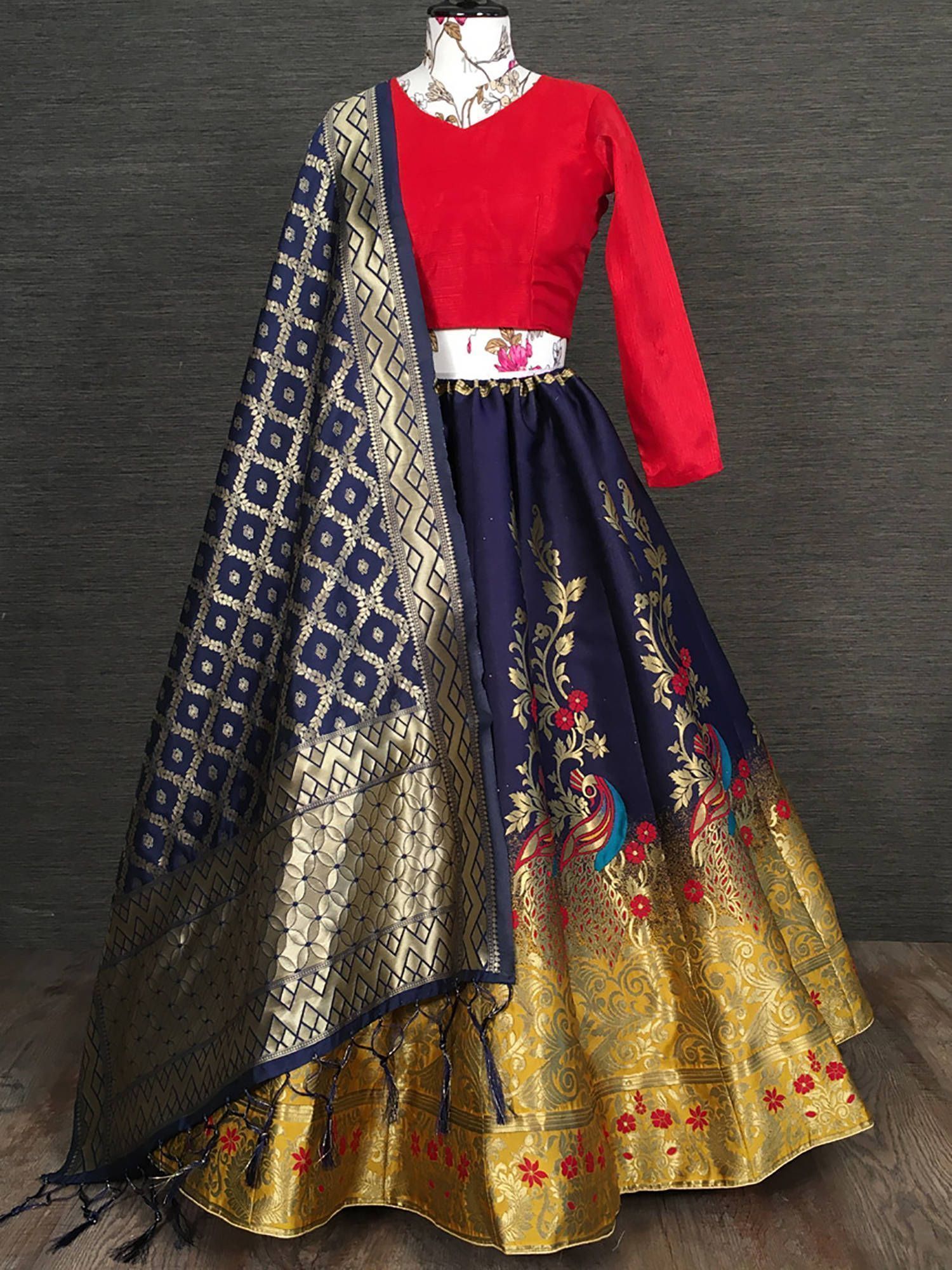 Navy Blue & Red Weaving Silk Festival Wear Lehenga Choli