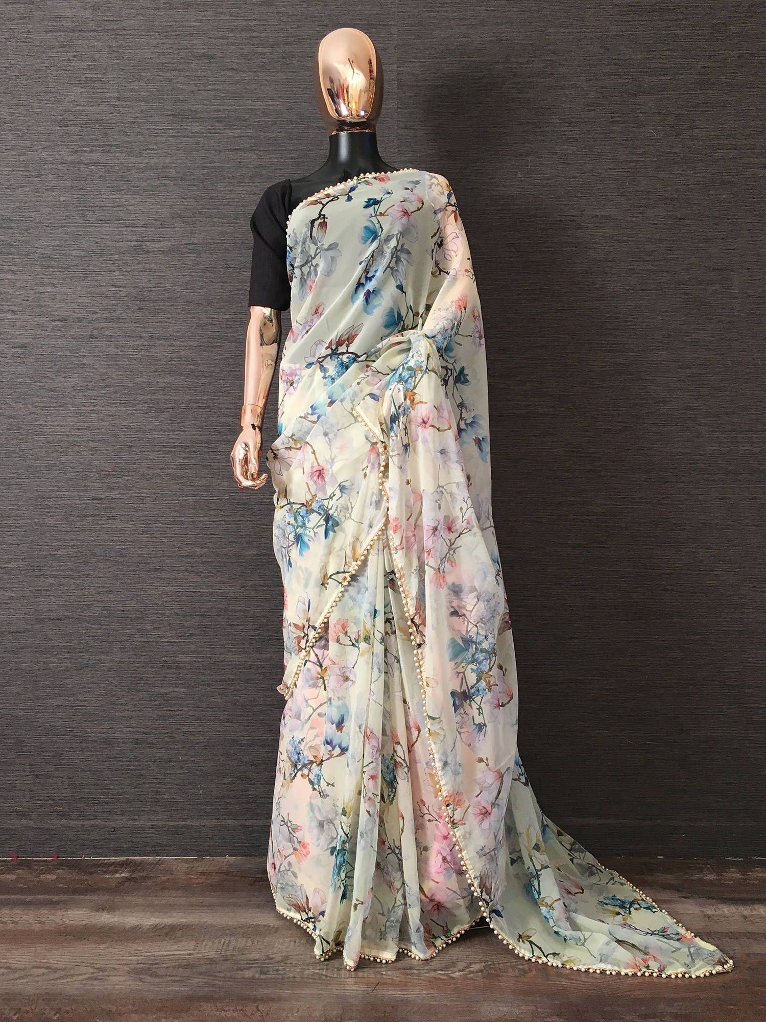 Off White Digital Printed Party Wear Saree With Blouse