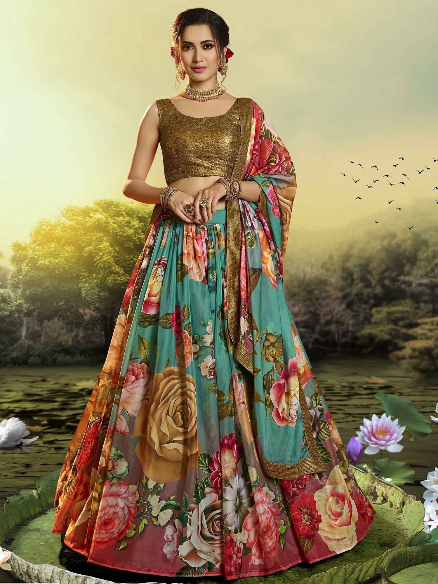 Multi Floral Printed Organza Party Wear Lehenga With Sequins Choli