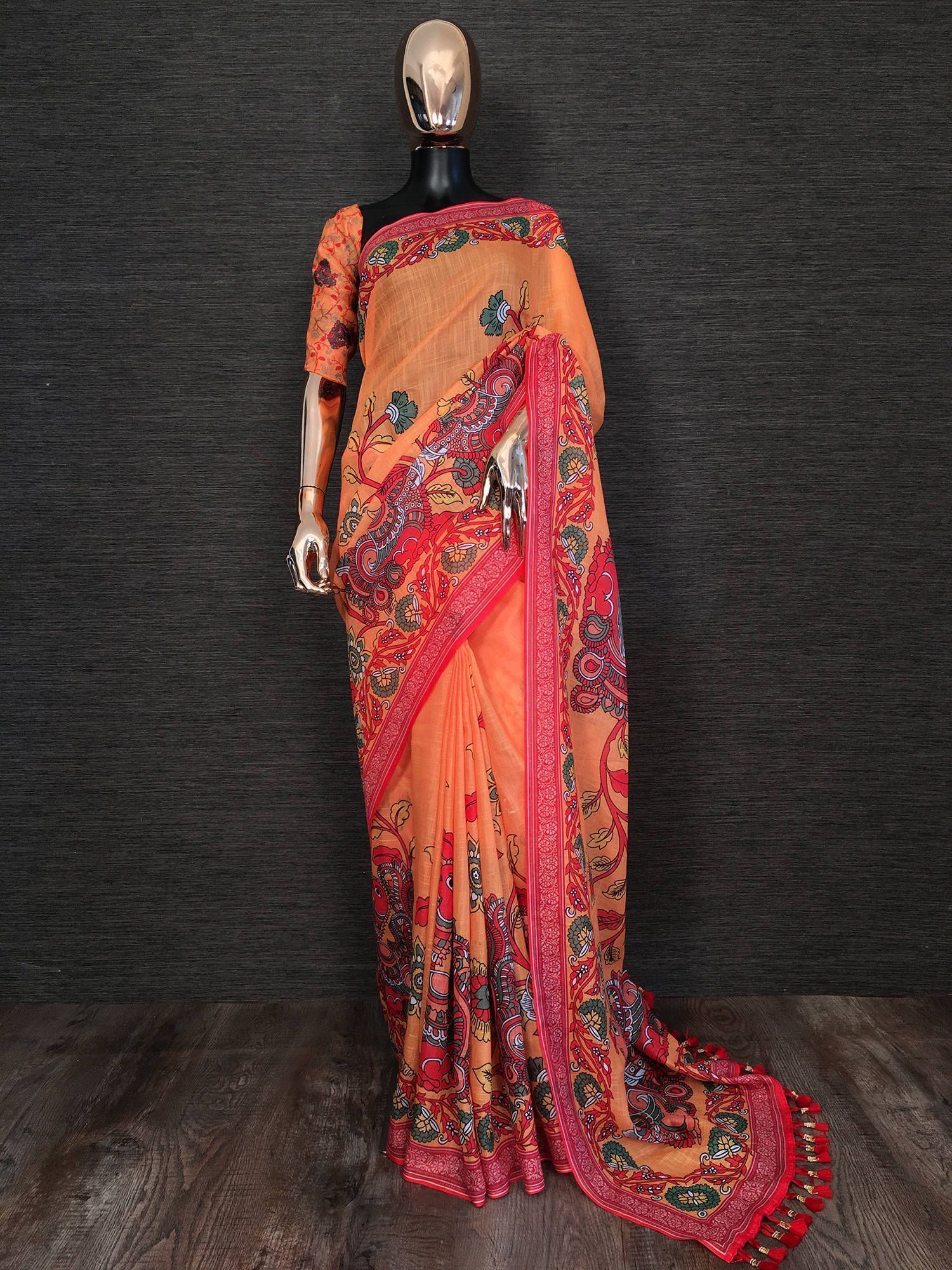 Orange Kalamkari Printed Linen Festive Saree With Blouse