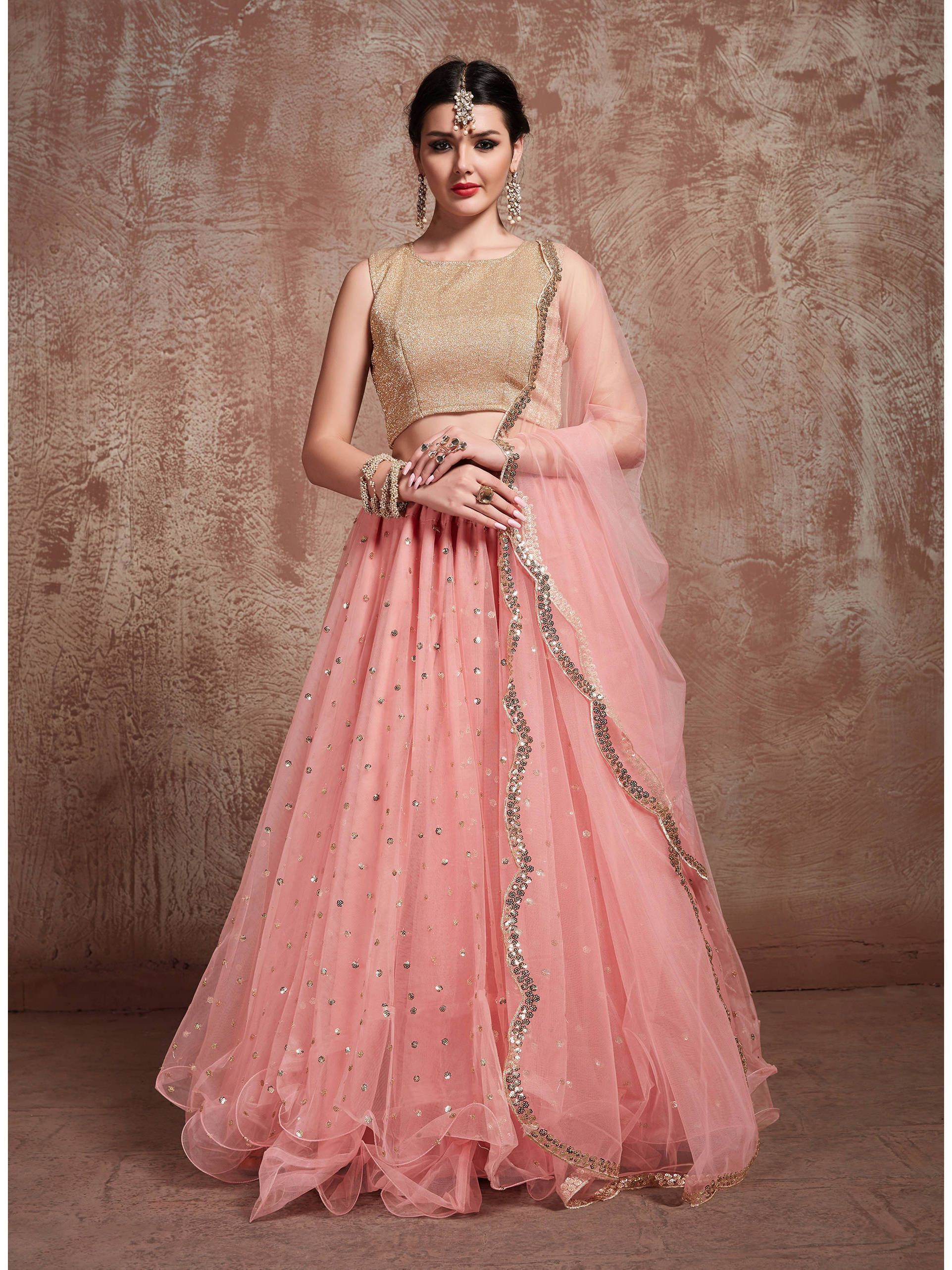 Pastel Pink Sequins Net Partywear Lehenga Choli (Default)