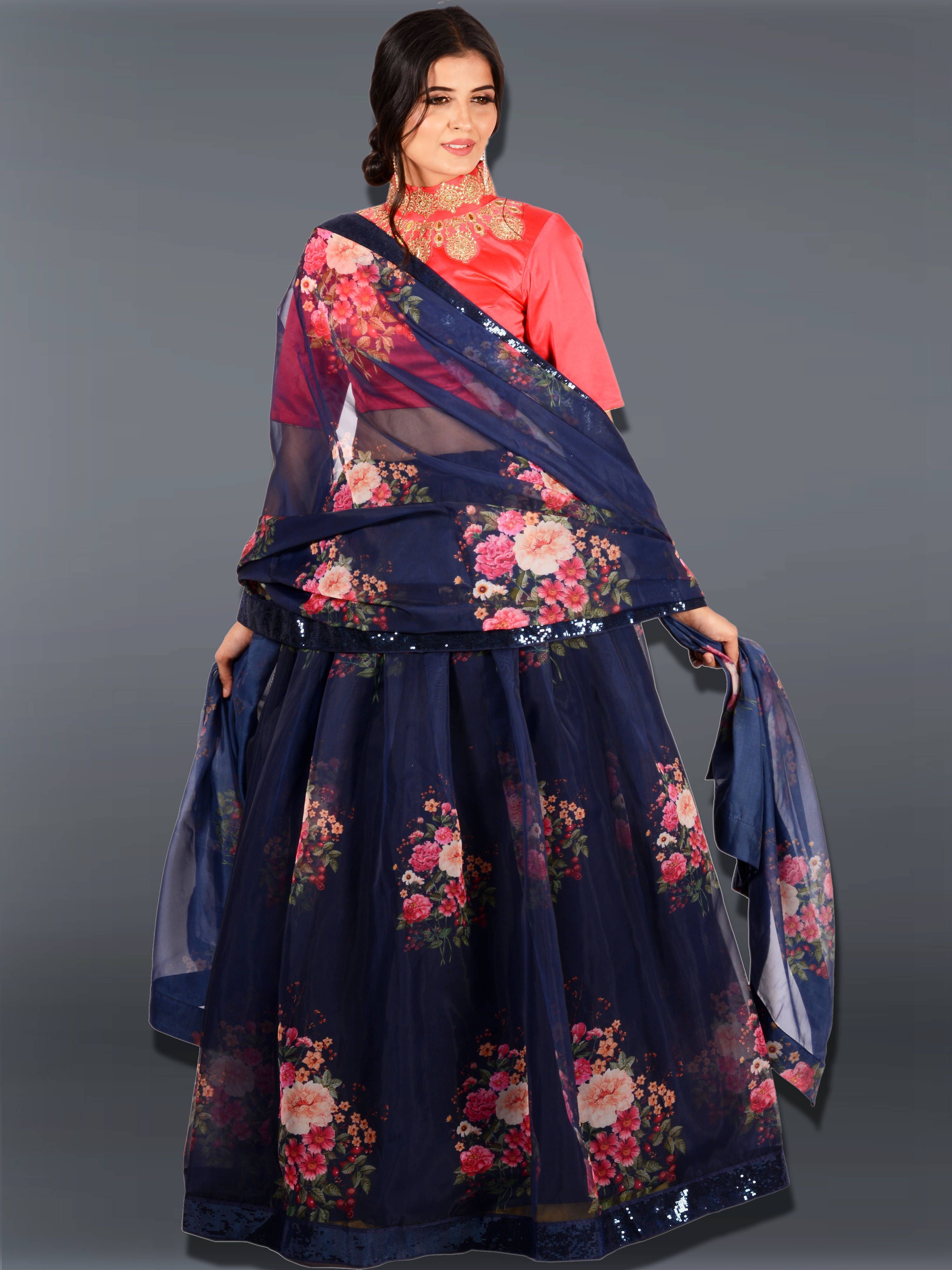 Navy Blue Floral Printed Organza Festival Wear Lehenga With Pink Choli