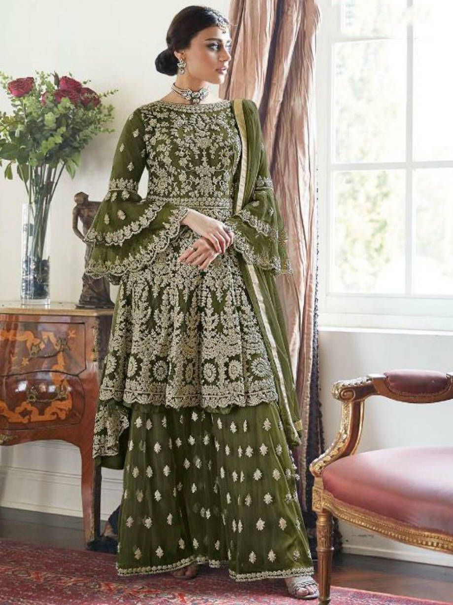 Green Embroidered Net Festival Wear Pakistani Sharara Suit