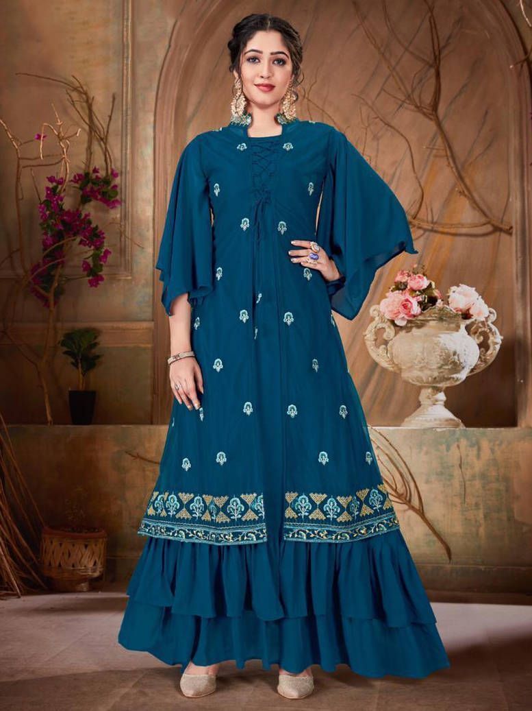 Blue Embroidered Georgette Party Wear Gown With Jacket 