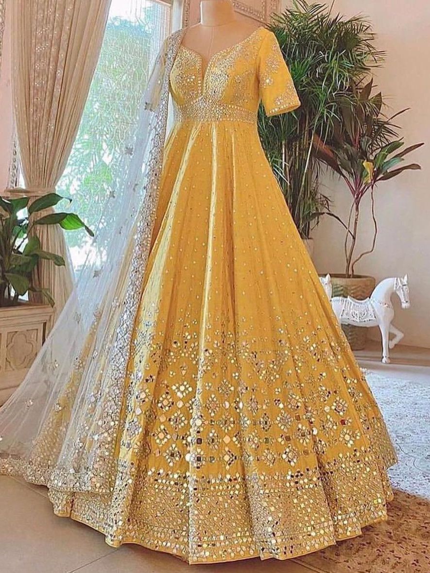 Readymade Yellow Foil Mirror Silk Wedding Wear Gown With Dupatta