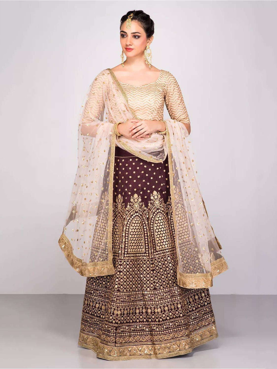Buy Stunning Maroon Colored Designer Embroidered Banglori Silk Lehenga Choli for womens online India
