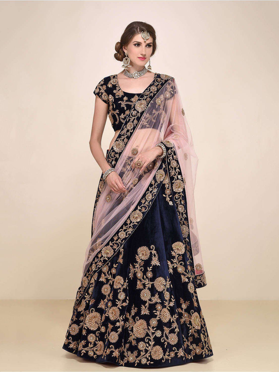 Buy Navy Blue Dori Embroidered Silk Velvet Bridal Lehenga Online