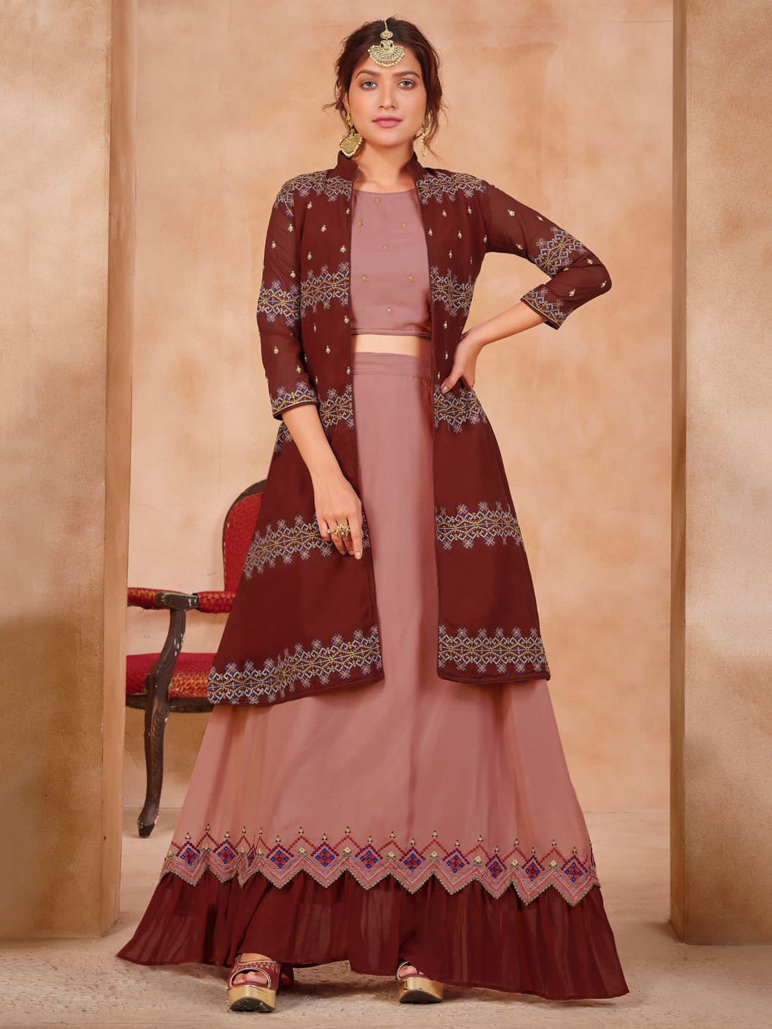 Maroon & Pink Embroidered Georgette Party Wear Lehenga With Jacket 