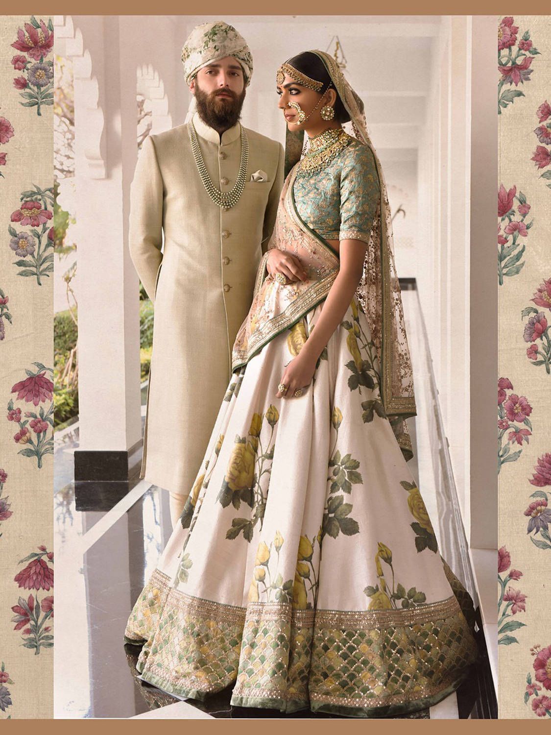 Yellow Rose Floral Printed Off White Silk Lehenga with Heavily Embroidered Blouse