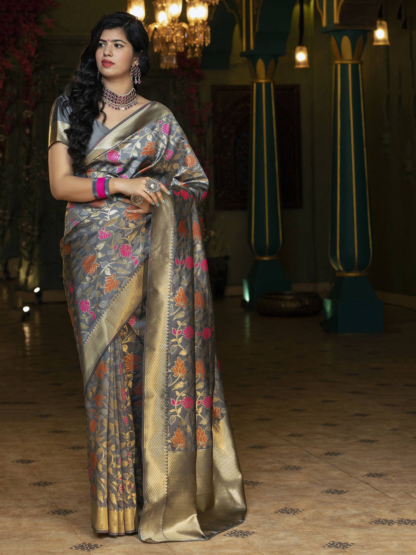 Grey Floral Weaving Banarasi Silk Festive Saree With Blouse