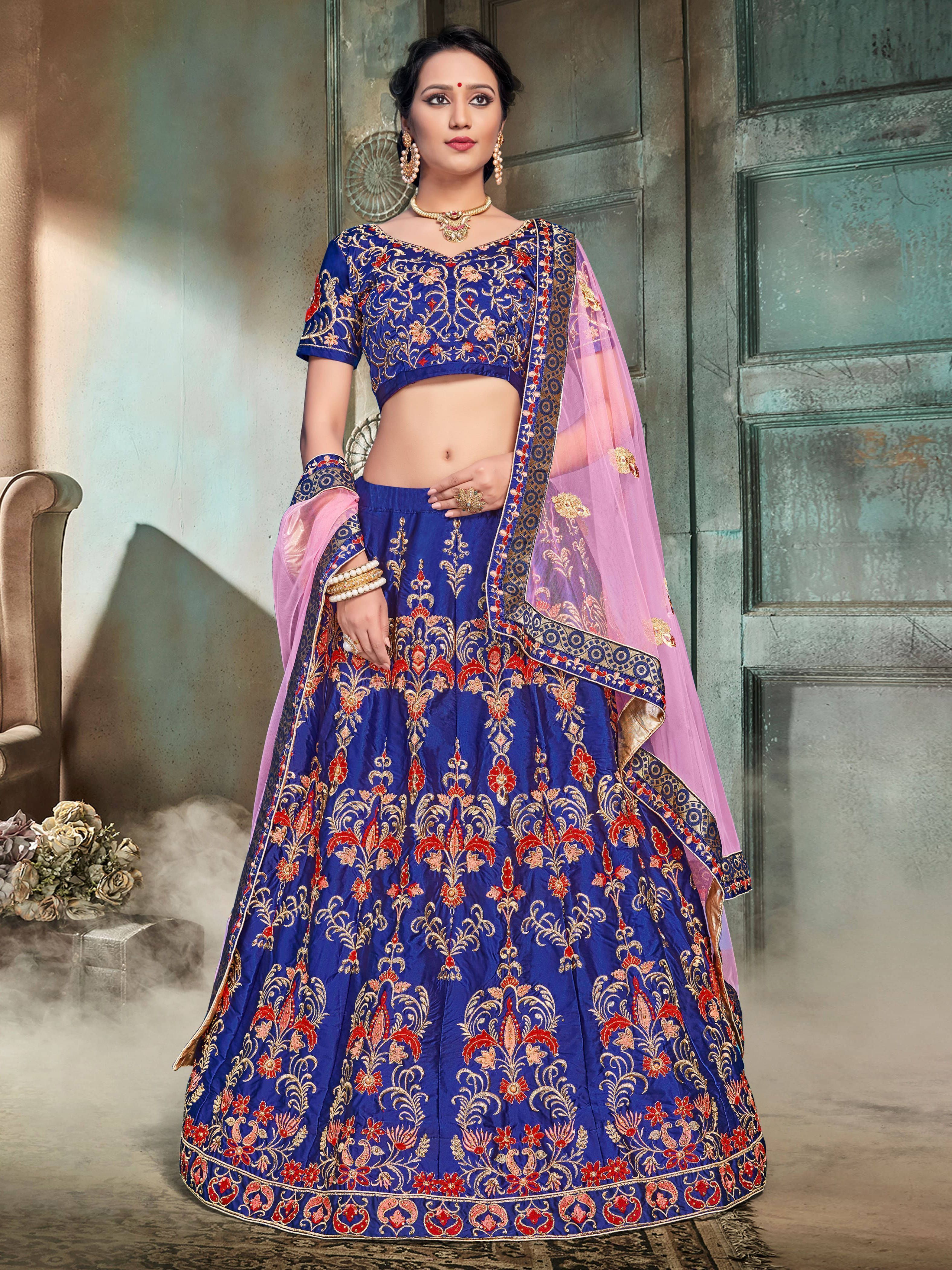 Blue Embroidered Satin Bridal Lehenga Choli With Pink Dupatta