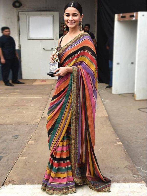 Alia Bhatt Multi Color Striped Printed Georgette Party Wear Saree