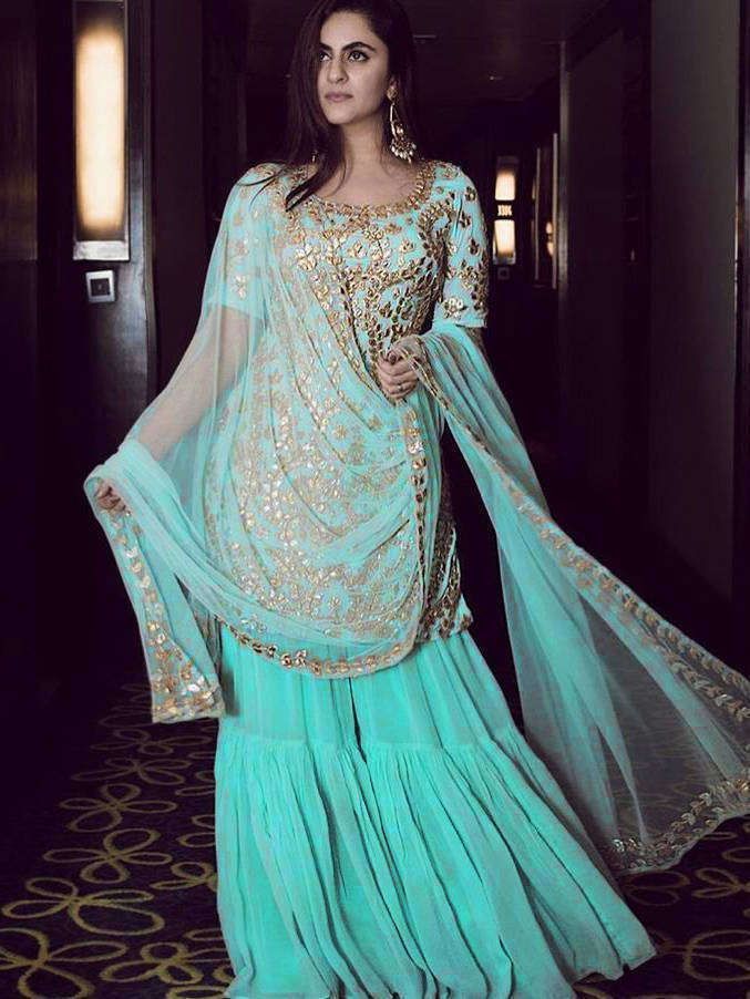 Readymade Turquoise Embroidered Georgette Partywear Straight Cut Sharara Suit (Default)