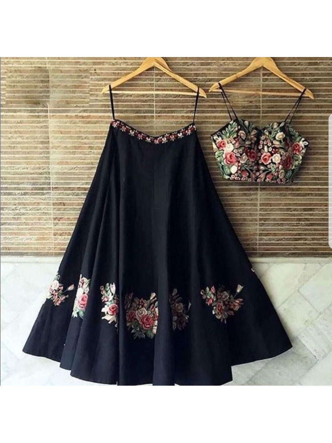 Black Embroidery Taffeta Silk Partywear Crop Top Lehenga (Default)