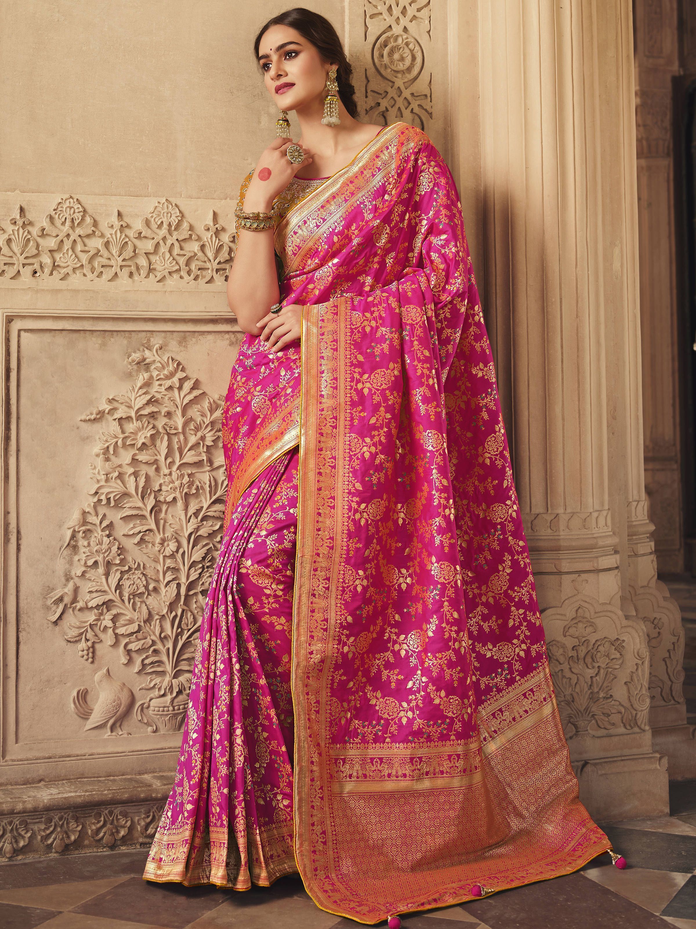 Beautiful Pink Zari Weaving Silk Festival Wear Saree
