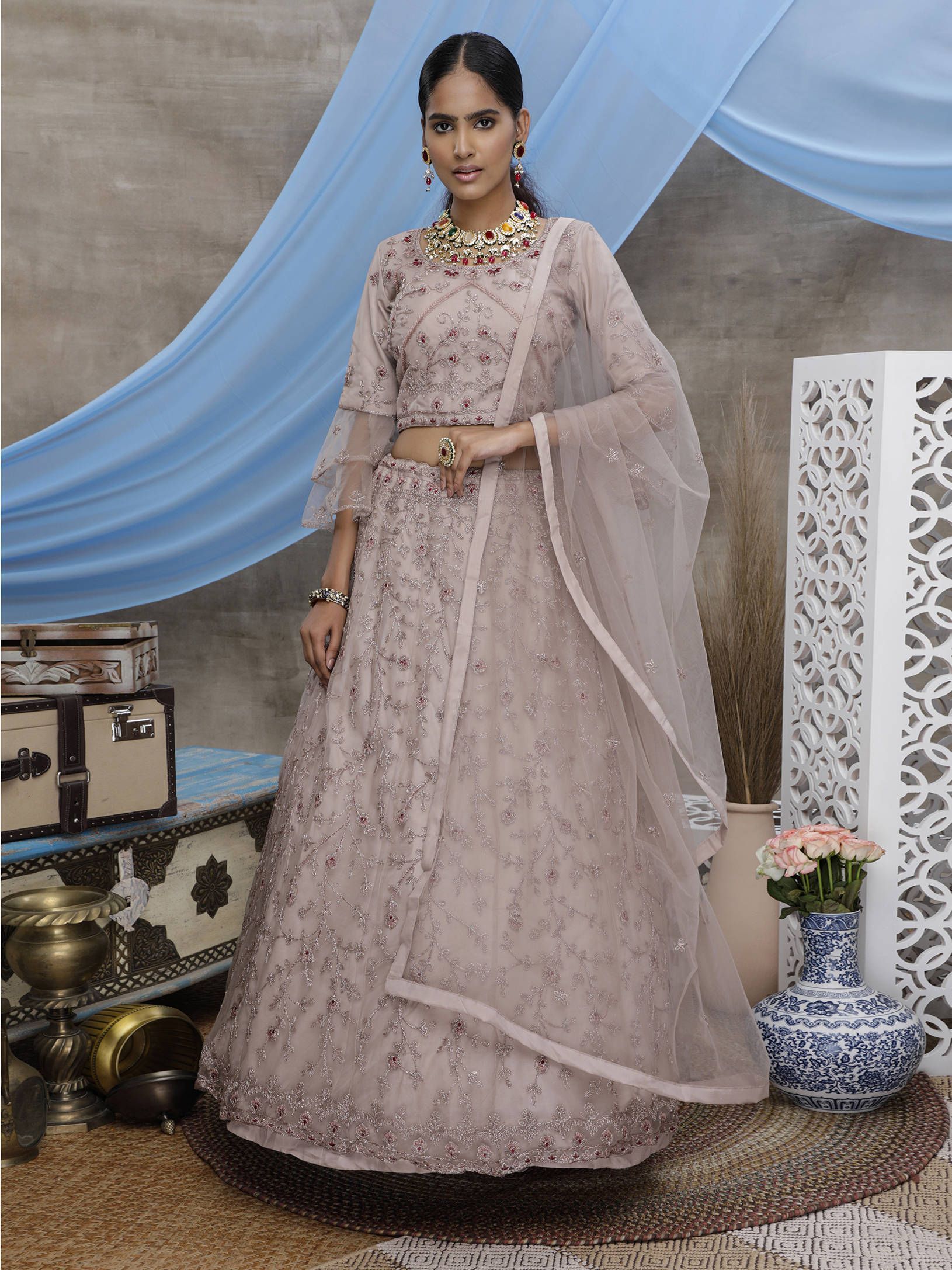 Dusty Purple Thread Worked Net Wedding Wear Lehenga Choli