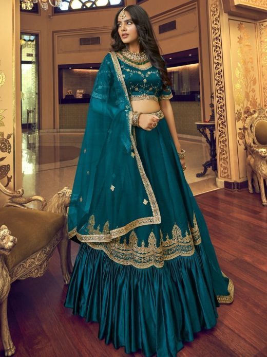 Glamorous Rama Blue Sequins Embroidered Silk Lehenga choli