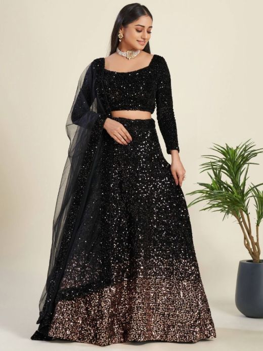 Glamorous Black Sequin Work Velvet Wedding Lehenga Choli