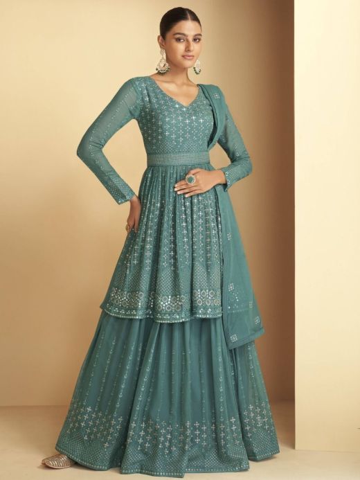 Charming Sea-Green Embroidered Georgette Festival Lehenga Suit