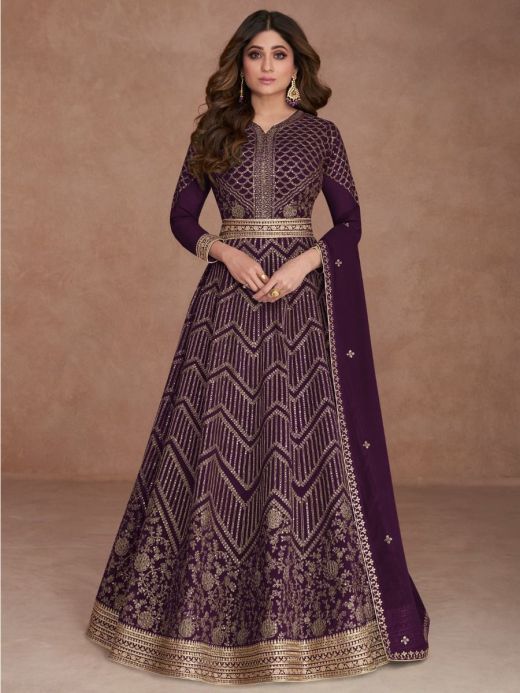 Magnificent Wine Sequined Georgette Party Wear Gown With Dupatta