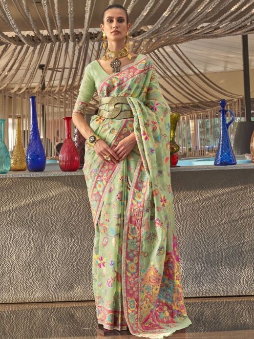 Engaging Mint-Green Kashmiri Woven Silk Party Wear Saree With Blouse