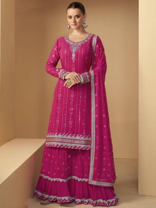 Elegant Rani Pink Thread Embroidery Georgette Festive Lehenga Suit