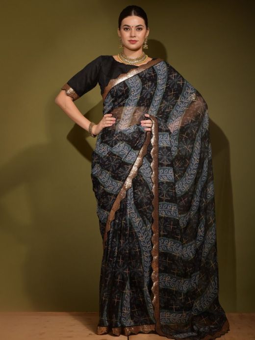 Stunning Black Bandhani Print Chiffon Casual Wear Saree With Blouse