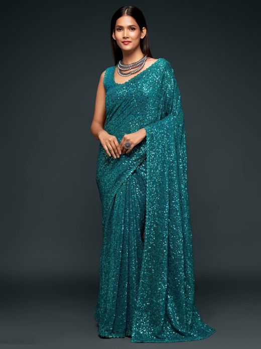 Teal Blue Fully Sequined Georgette Party Wear Saree