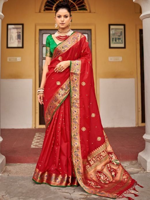 Stunning Red Soft weaving Wedding Wear Silk Saree