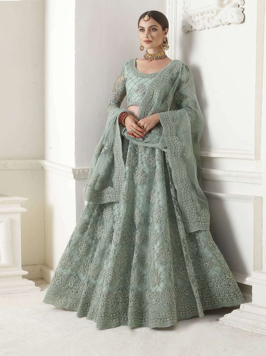 Turquoise Embroidered Net Wedding Wear Lehenga Choli