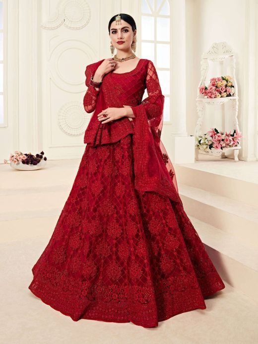 Red Embroidered Net Bridal Wear Lehenga Choli