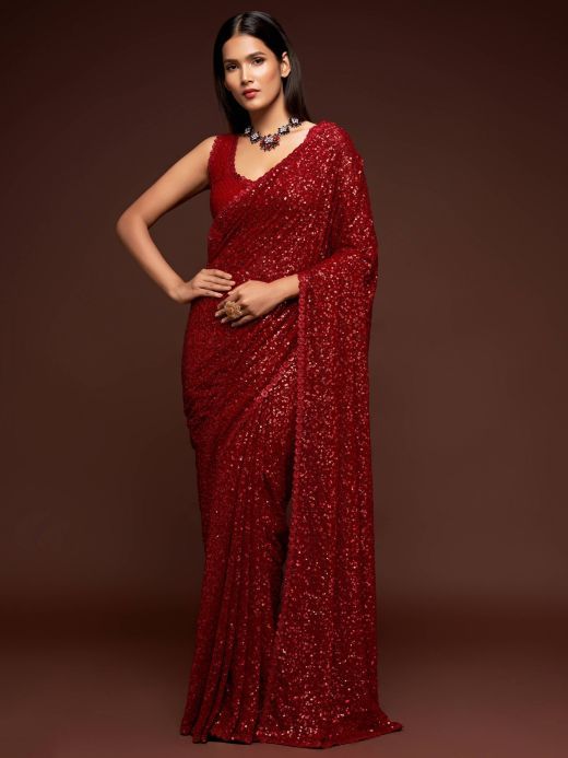 Evening Reception Party Wear Green Silk Sari Red Blouse | Online Sales
