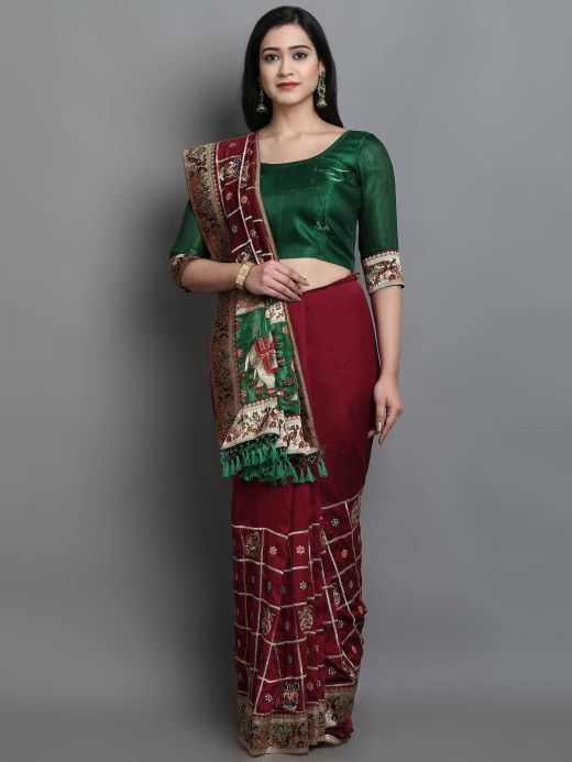 Maroon & Green Embroidered Silk Bridal Wear Panetar Saree