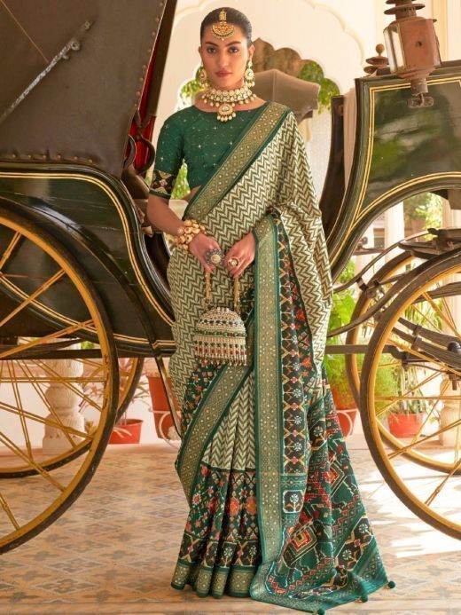 Gorgeous Bottle-Green Patola Printed Silk Saree With Blouse