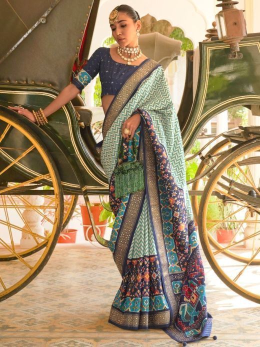Stunning Blue Patola Printed Silk Saree With Blouse