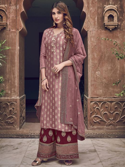 Rose Gold Embroidered Jacquard Festive Wear Palazzo Suit