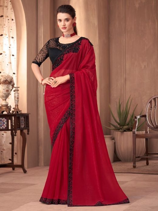 Gorgeous Red Sequins Silk Cocktail Party Wear Saree With Blouse