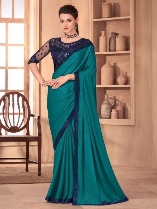 Ravishing Teal Green Embroidered Party Wear Saree With Blouse